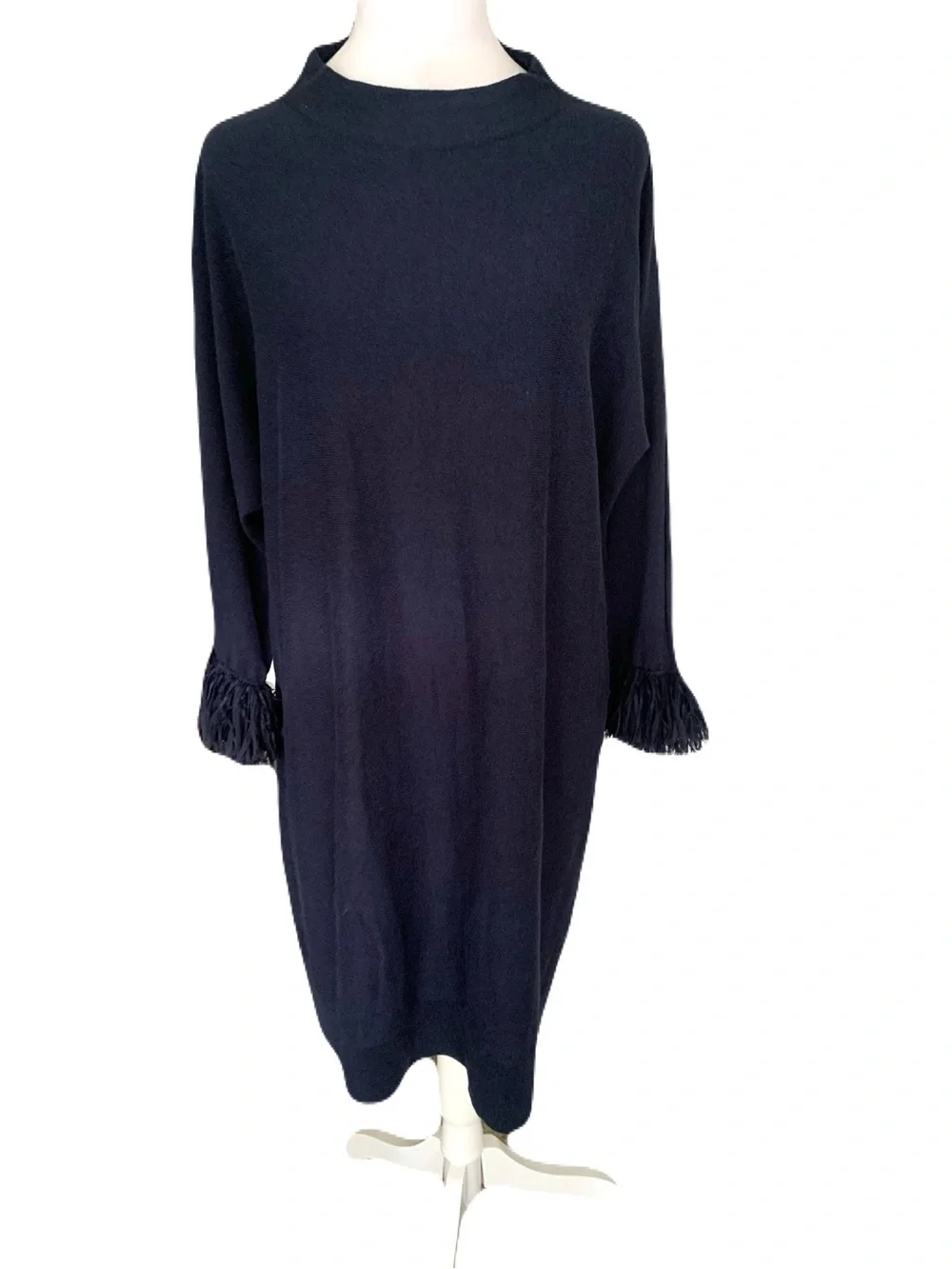 NWT NIC+ZOE Large Navy Blue Long Sleeve Fringe-Cuff Knit Dress Classic Casual